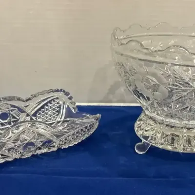 Vintage Clear Glass Serving Dishes - Hobstar Celery Tray / Relish Dish & Footed Frosted Rose Bowl
