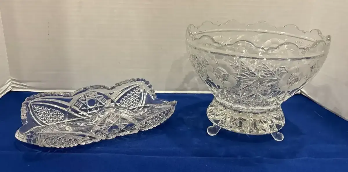 Vintage Clear Glass Serving Dishes - Hobstar Celery Tray / Relish Dish & Footed Frosted Rose Bowl