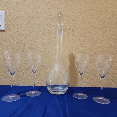 Vintage Clear Cut Hand Etched Glass Decanter & 4 Wine Glasses, Floral & Leaf Design