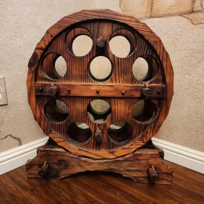 Rustic Wooden Wheel Wine Rack - Rich Dark Stain, Holds 10 Bottles