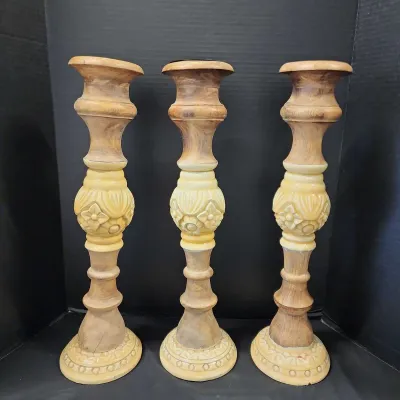 3 Tall Pedestal Candle Holders, Distressed Natural Wood & Faux Ornate Ivory Base & Middles, 21" H