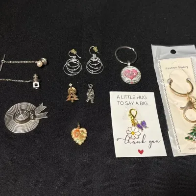 Costume Jewelry - Tie Pins, Earrings, Avon Tree Pin, Santa Charm, Sister & Christmas Keychains