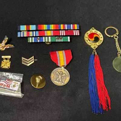 Vintage US Military Insignia & Medal - Ribbon Bars, Pins, National Defense, Korean Air, Keychain