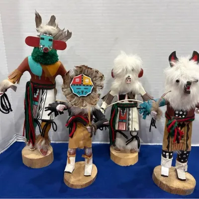 4 Native American Kachina Dolls - Morning Singer, Sun, White Bear, Wolf, Signed, Hopi Style