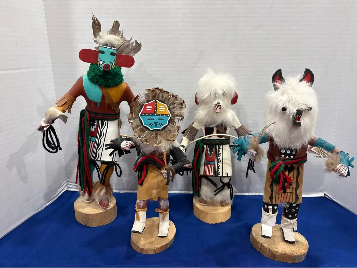 4 Native American Kachina Dolls - Morning Singer, Sun, White Bear, Wolf, Signed, Hopi Style