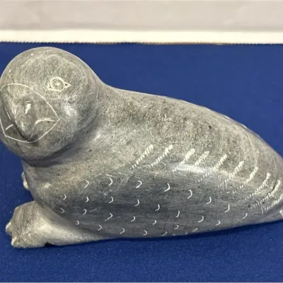 Canada Eskimo Art - 1981 Cree Soapstone Carving, Steven Sheshamush, Great Whale River Owl, Igloo Tag