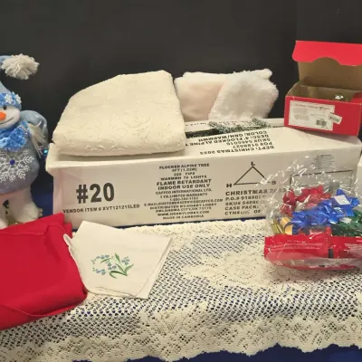 Christmas Decor - Snowman, 68" Runner, Shower Curtian, Flocked Alpine Tree, Snow Globe, Ornaments