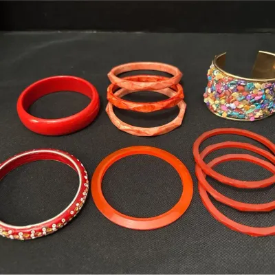 10 Bracelets - Mosaic Rhinestone & Multi-Colored Chip Cuff, Red Bangles Stackable, Wood Beaded