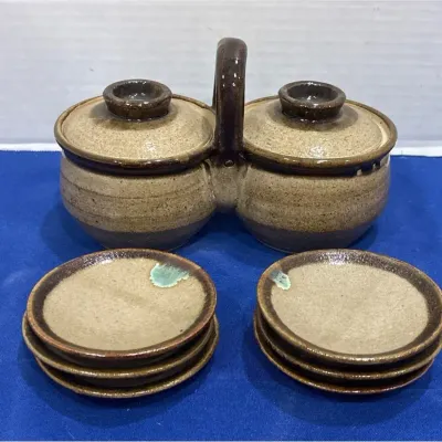 Vintage Japanese Mashiko Ware Pottery Appetizer Set - Condiment Server & 6 Small Plates