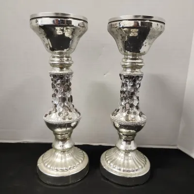 2 Ornate Silver Pedestal Candle Holders - Metallic Finish, Rhinestones, 2 Clear Glass Vases
