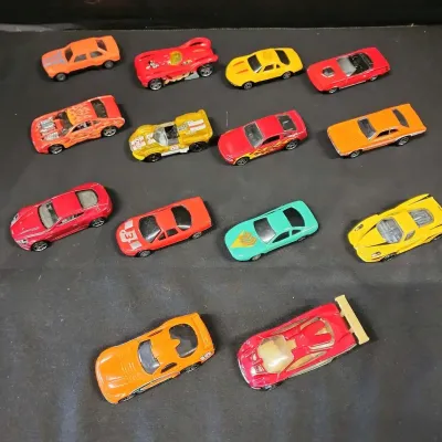 14 Diecast Toy Cars - Hot Wheels, Race Cars, Hot Rods, Oranges, Reds, Ferrari 