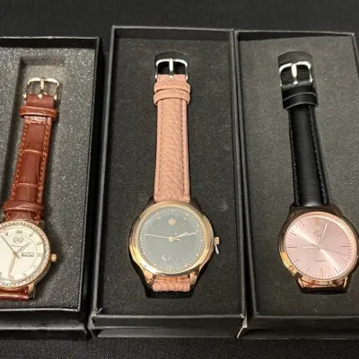 3 NEW Ladies Fashion Watches - Dioscuri Crystal Bezel, Brown, Pink, Black Straps, Quartz