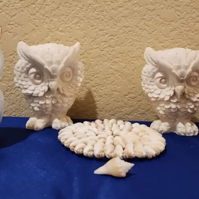 Natural Colored Owls - 2 A. Santini Stone Italian Owls, Ceramic Andorra Souvenir Owl, Shell Owl, Mat