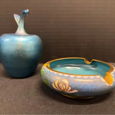 VTG Home Decor-Lundberg Studios Glass Paperweight ‘87, Cloisonné Enamel & Brass Asian Style Ashtray 