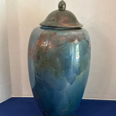 Raku Pottery - Signed Dale Ferguson, Ceramic Design, Urn with Lid, Iridescent Copper Matte Glaze