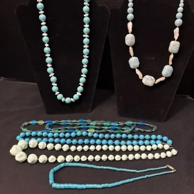 6 VTG Necklaces - Lee Sands Pearl & Larimar, Blue Bead, Bi-Cone, Heishi
