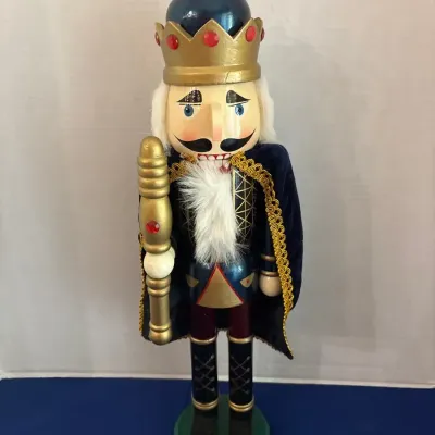 Wooden King Nutcracker with Blue Velvet Cape & Scepter - 20”, Christmas