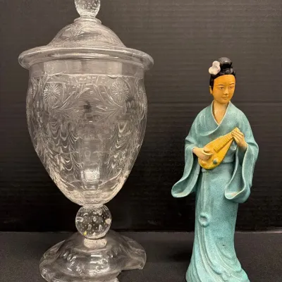 VTG Decor - Clear Glass Apothecary Jar, Candy Dish, Ceramic Asian Style Figurine Playing Instrument 