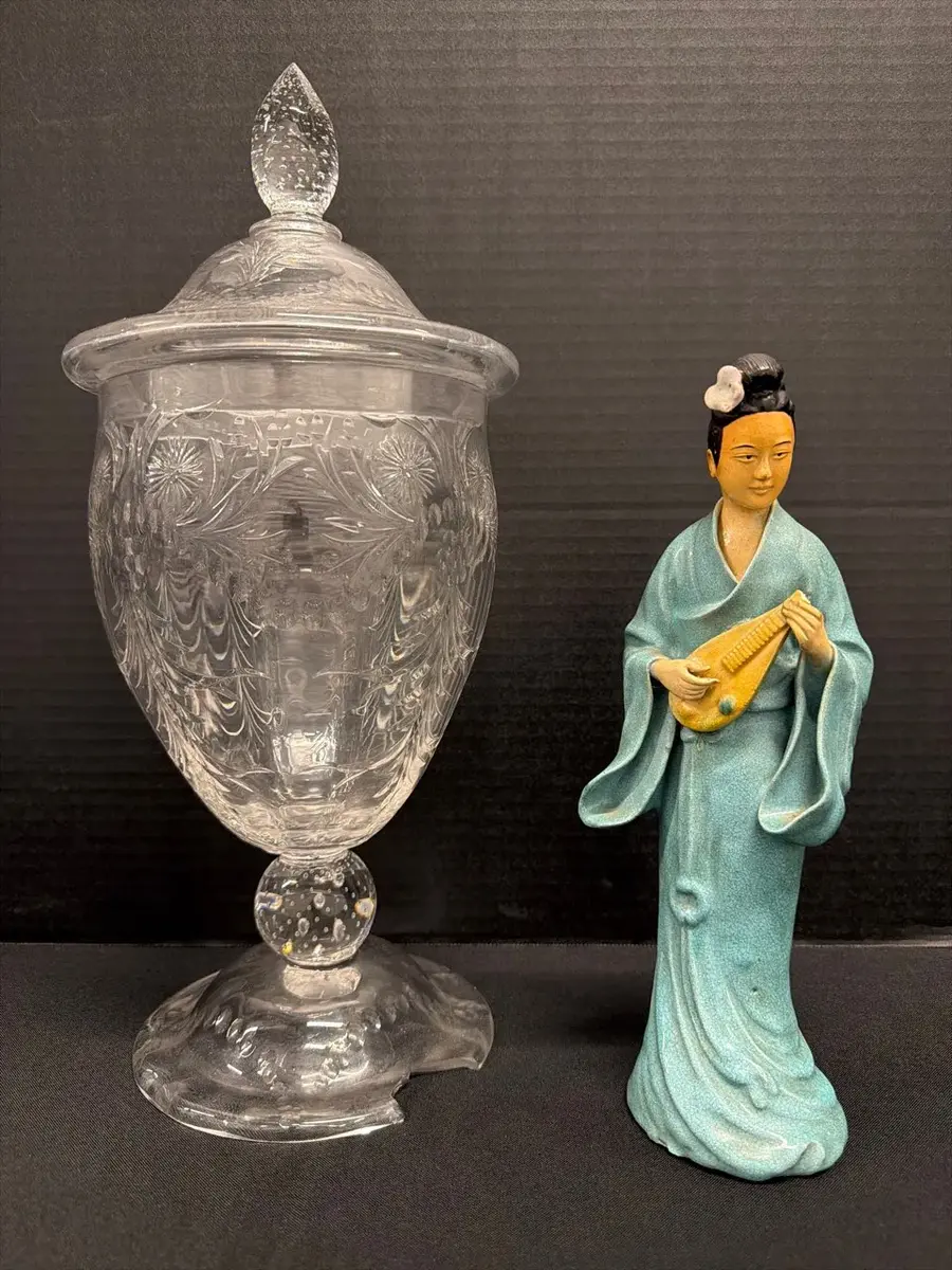 VTG Decor - Clear Glass Apothecary Jar, Candy Dish, Ceramic Asian Style Figurine Playing Instrument 
