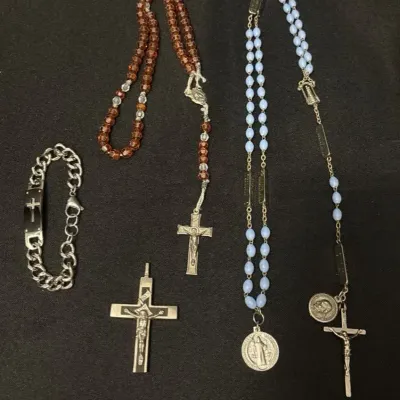 Christian Devotional Jewelry - Blue & Orange Bead Rosaries, Cross Pendant, Men's Bracelet