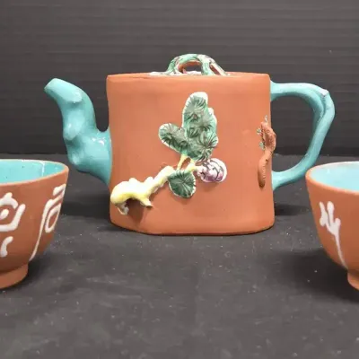 Vintage Chinese Yixing Zisha Clay Tea Set - Turquoise-glazed Interiors
