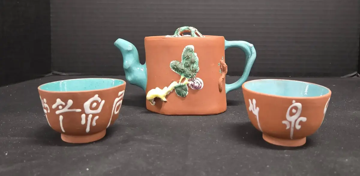 Vintage Chinese Yixing Zisha Clay Tea Set - Turquoise-glazed Interiors