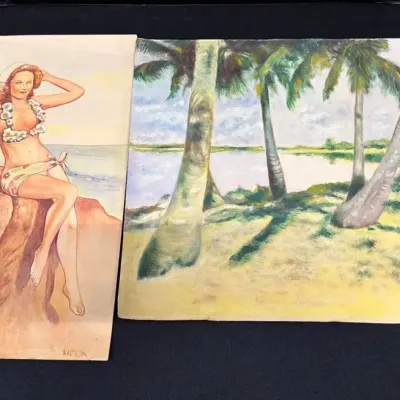 Vintage Hawaiian Art Prints - Pinup Hula Girl Palm Tree Tropical Landscape