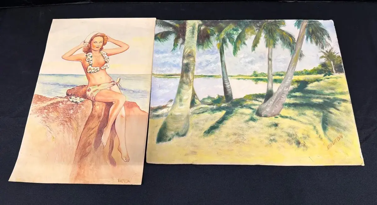 Vintage Hawaiian Art Prints - Pinup Hula Girl Palm Tree Tropical Landscape