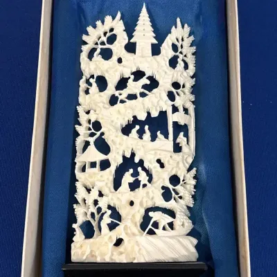 VTG Chinese Carved Ivory Panel on Stand - Hang On Ivory Factory, Village, Landscape, In Box