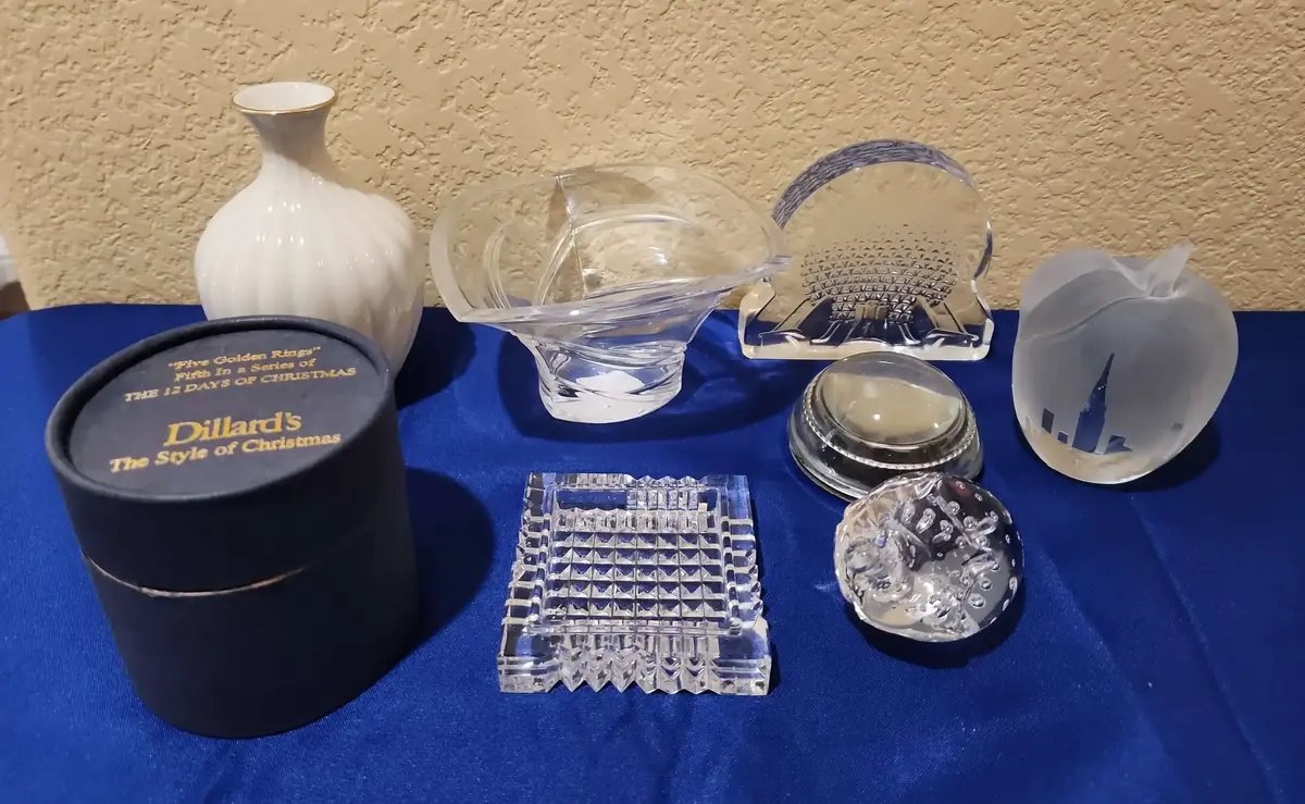 8 Home Decor - Vintage 1982 Glass Disney World Epcot Figure, 6" Marquis Trillium Waterford Bowl, 