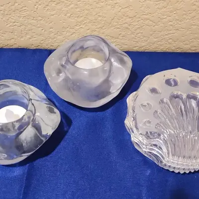 Vintage Box & Candles - Frosted Crystal Shell Trinket & 2 Glass Holders 