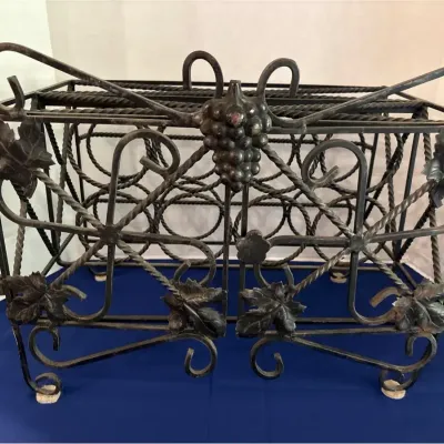 Vintage Wrought Iron Wine Rack - Gothic Grapevine Leaf Motif, Holds 12 Bottles