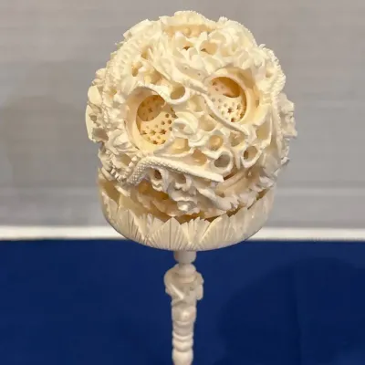VTG Chinese Carved Ivory Puzzle Ball on Figural Column Stand - Hang On Ivory Factory, In Box