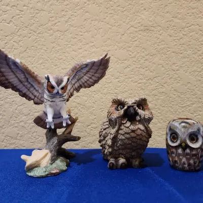 3 Owls - Maruri Fine Porcelain Flying Owl, Stone Critters Owl, Small Wooden Owl