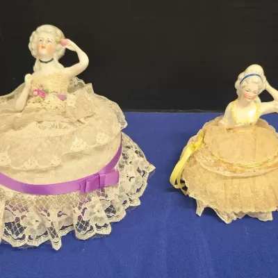 2 Vintage Porcelain Half Doll Pin Cushions - Purple, Yellow, Lace Dress