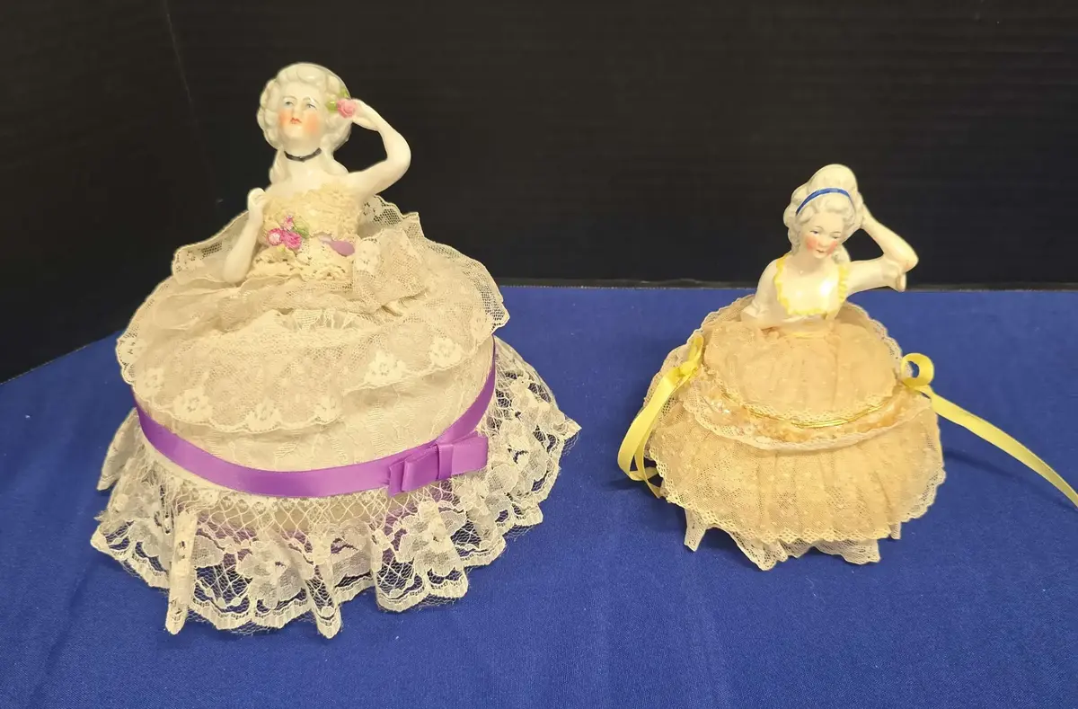 2 Vintage Porcelain Half Doll Pin Cushions - Purple, Yellow, Lace Dress