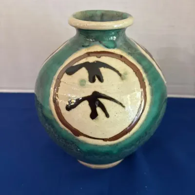 Japanese Stoneware Bulbous Vase - 9.5”, Green Glaze, Bird Motif