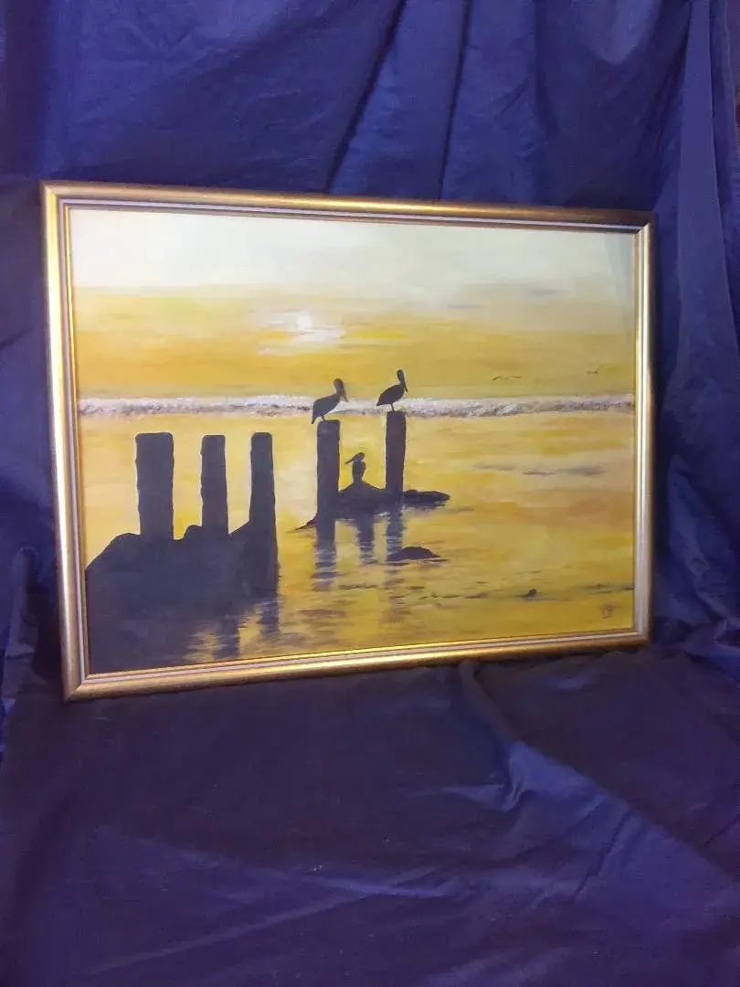 Sunset Pelicans On Pilings, 18 X 24 Original Painting 