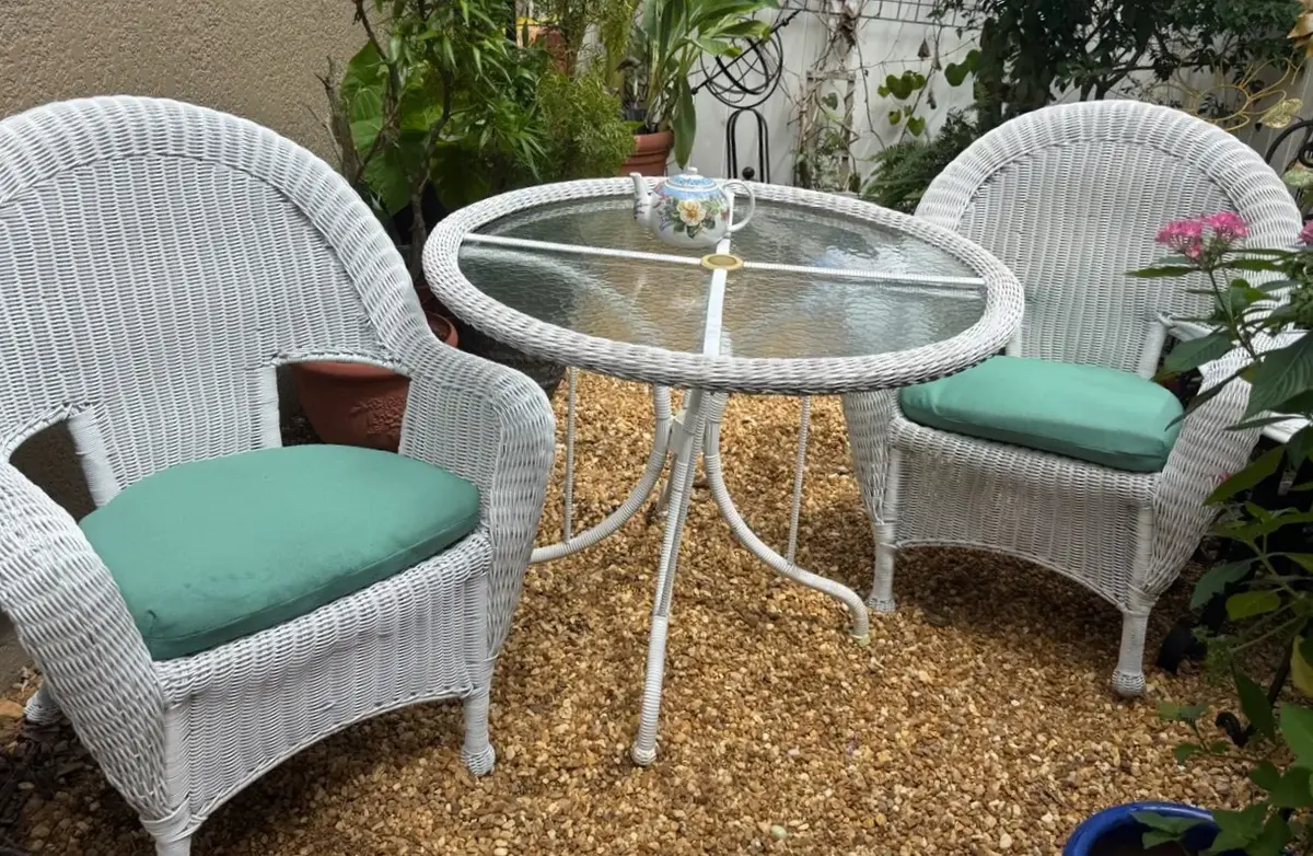 Vintage White Wicker 3-Piece Patio Bistro Set w/ New World Market Cushions