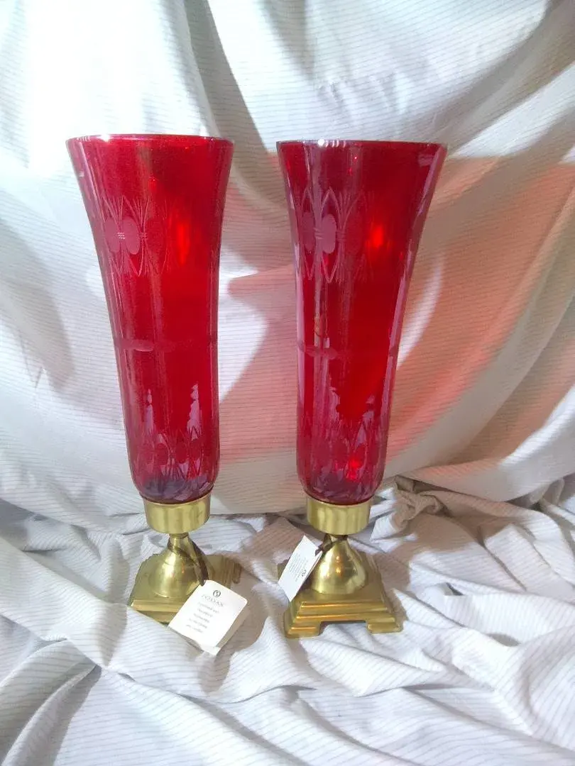 Red Glass & Brass Candle Holders