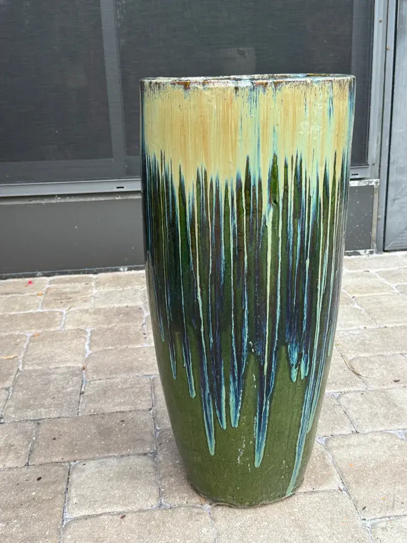 Large 27” Glazed Stoneware Floor Planter – Dramatic Drip Glaze