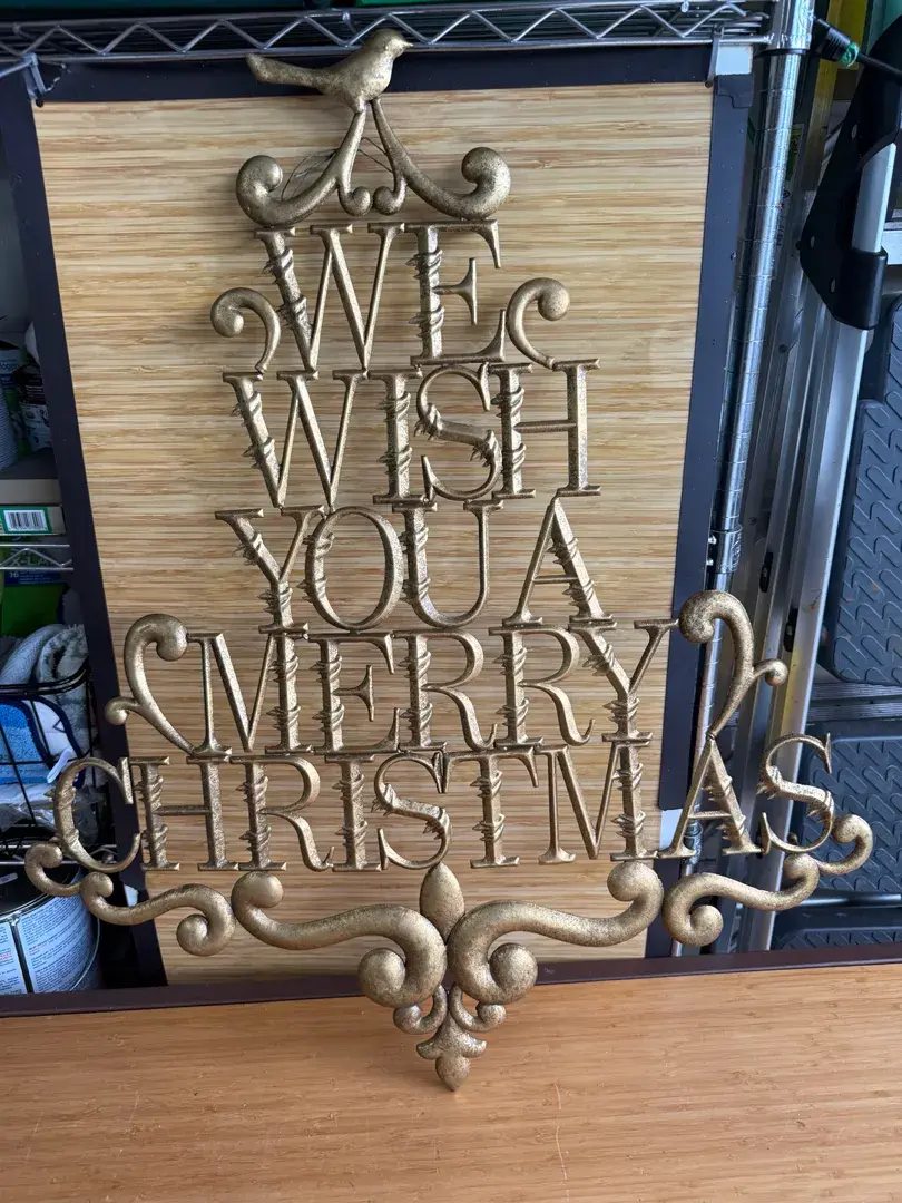 Large 34” Antique Gold Metal “We Wish You a Merry Christmas” Wall Décor with Bird