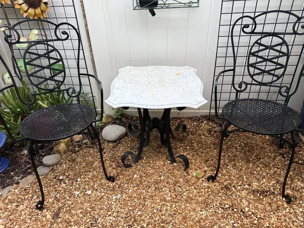 3-Piece Wrought Iron Bistro Set with White Marble Top – Table & 2 Chairs