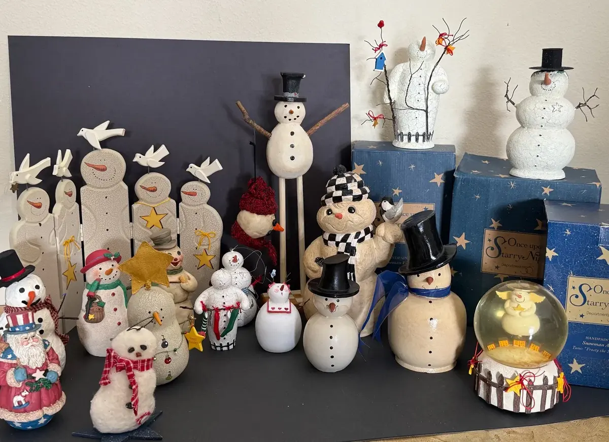 Whimsical Folk Art Snowman Collection – Department 56, Signed Handmade & Vintage