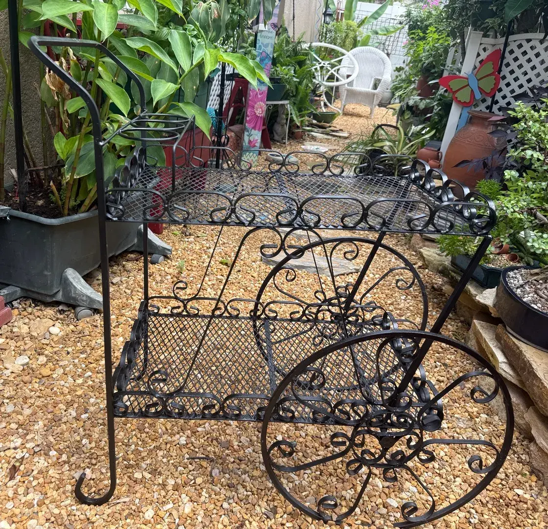 Ornate Black Wrought Iron Garden Tea Cart/ Plant Stand