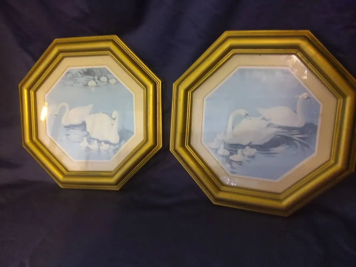 Vintage Swans Frame Print Pair  9.5 Inches