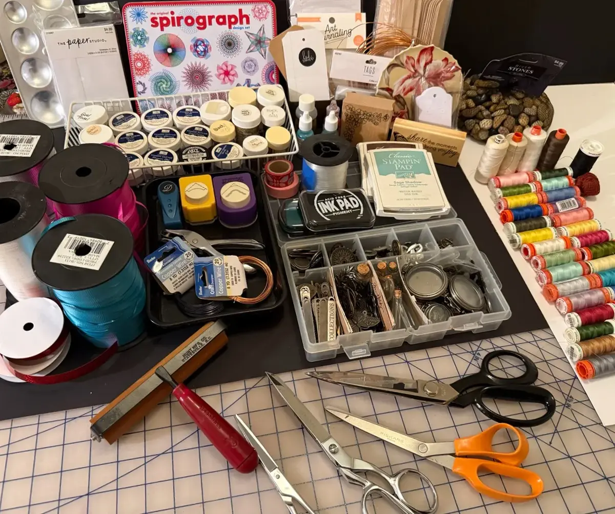 Crafter’s Dream Lot – Sewing Notions, Thread, Fiskars Scissors, Ribbon, Spirograph & More