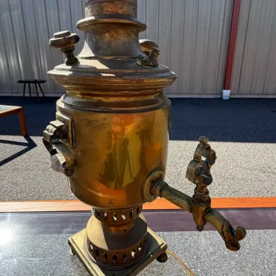 Antique Russian brass samovar that has been converted into an electric table lamp