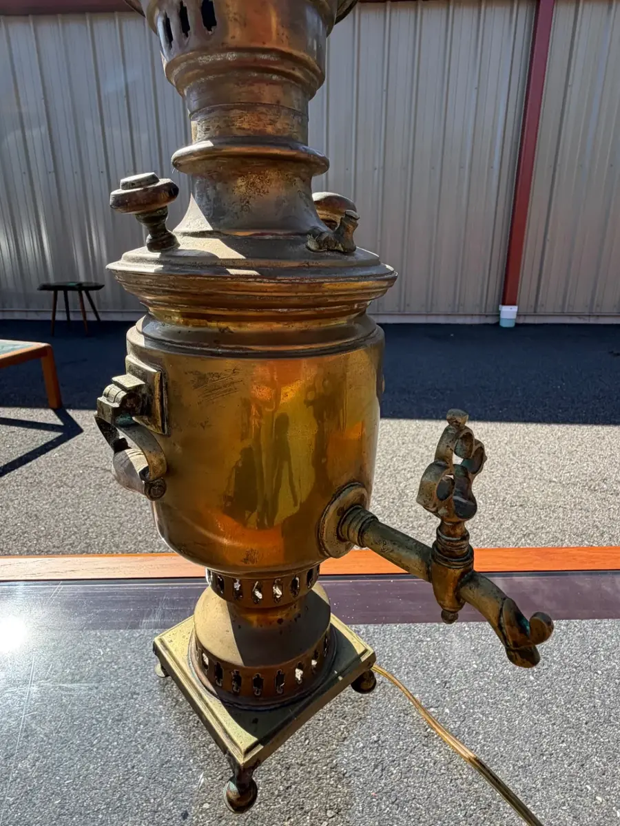 Antique Russian brass samovar that has been converted into an electric table lamp