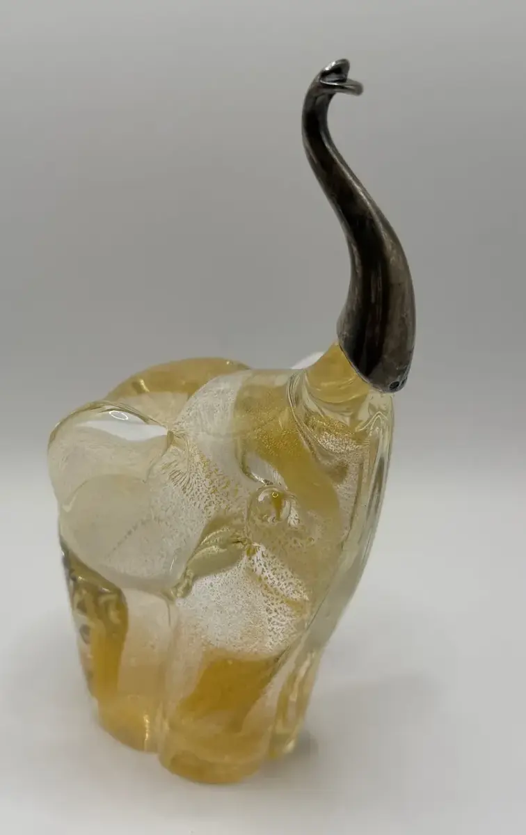 Murano Masterpieces Glass Elephant Sculpture Gold Fleck 925 Sterling Trunk 64/550